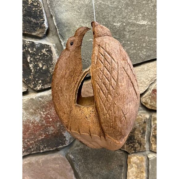 Hand carved Coconut Shell Birds. Bird feeder/Planter. Folk Art? Tiki Beach - Picture 4 of 7